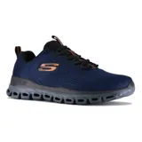 Championes deportivos Skechers Glide-Step Fasten Up, color azul marino con logo naranja. Capellada de tejido de punto suave, plantilla acolchada Skechers Air-Cooled Memory Foam y entresuela geométrica Glide-Step.