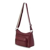 Bandolera color beige con correa extensible a tono, ajustable, y múltiples bolsillos frontales con cierre.