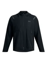 Campera deportiva Under Armour Unstoppable para hombre, color negro, con capucha, cierre frontal completo, bolsillos laterales con cierre y logo de la marca en el pecho.