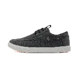Zapatilla náutica marrón de lona con cordones marrones y suela blanca.
