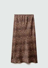 Falda midi de satén con estampado animal print de leopardo, corte recto y cintura elástica.