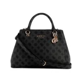 Cartera Guess modelo Evelune mediana, color negro con estampado del logo de la marca. Tiene doble asa de mano, correa bandolera desmontable y herrajes dorados.
