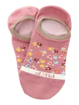 Calcetines invisibles de color verde claro con estampado de pequeñas flores de colores y borde superior en color topo. Presentan una banda blanca en el borde inferior y logo en la puntera.
