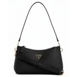 Cartera Guess modelo Noelle II, color negro, con correa de hombro fina y logo triangular dorado en el frente.