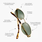 Lentes de sol redondos con montura metálica dorada y lentes verdes polarizadas, diseño inspirado en los años 80.