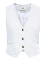 Chaleco blanco de lino con cuello en V, cierre frontal con tres botones y bolsillos delanteros simulados.