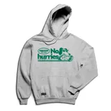 Canguro gris con capucha y bolsillo delantero, con estampado en verde que incluye el logo de la marca Emexem, la frase "No Hurries" y un perro con gafas de sol.
