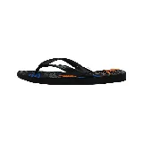 Ojotas Havaianas negras con base estampada con diseño geométrico en tonos grises, celestes y naranjas.