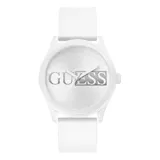 Reloj Guess modelo Reputation, con caja redonda de silicona blanca de 45mm y esfera blanca con el logo de la marca en relieve. Correa de silicona blanca. Resistente al agua hasta 30 metros.