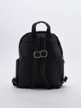 Mochila negra con estampado de la cara de Mickey Mouse en blanco y letras rojas.