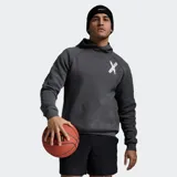 Canguro con capucha de color gris oscuro, con mangas raglán y un pequeño logo blanco en forma de 'X' en el pecho.