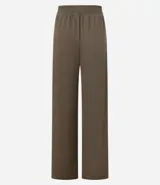Pantalón largo marrón de corte recto, confeccionado en tejido de punto acanalado con cintura elástica ancha y superficie texturizada.