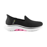Championes deportivos Skechers Slip-ins Go Walk 7 Daley, color negro con suela blanca y detalles en rosa. Diseñados con tecnología Hands Free Slip-ins, Heel Pillow, plantilla Air-Cooled Memory Foam, amortiguación Ultra Go y Hyper Pillar Technology.