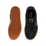 Zapatillas de gamuza negra con detalles en piel blanca y suela de goma, con cordones de algodón y estampados en dorado.