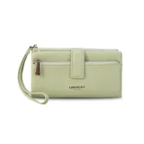 Billetera de mujer color negro, con textura símil cuero granulado. Presenta un cierre de presilla con broche, correa de mano desmontable y múltiples compartimentos internos, incluyendo un monedero con cierre.