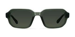 Lentes de sol con montura poligonal color verde oliva y lentes verdes polarizadas.