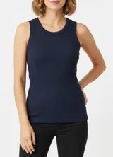 Musculosa ajustada color azul marino, con cuello redondo y tejido acanalado.