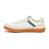 Championes Caterpillar Pause Retro Canvas color blanco con detalles en gamuza color crema, logo de la marca en azul y suela de goma color caramelo.