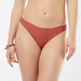 Conjunto de bikini de rayas verticales en tonos marrón, verde, naranja y amarillo. El corpiño es de triángulo con tirantes finos y la braguita es de corte clásico.