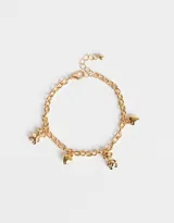 Pulsera dorada con cadena de eslabones, cierre de mosquetón y cadena de alargue. Incluye dijes colgantes de ositos y corazones.