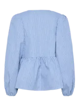Conjunto de pantalón y blusa a rayas verticales azules y blancas. La blusa tiene mangas abullonadas y un detalle de lazo en el frente.