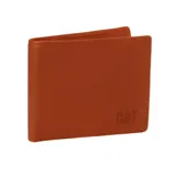 Billetera de cuero color marrón con logo de la marca CAT grabado en la esquina inferior derecha. Cuenta con clip para billetes, ranuras para tarjetas y protección RFID.