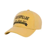 Gorro de gabardina color amarillo con logo de Caterpillar bordado en negro en el frente.