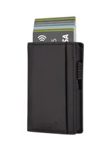 Billetera marrón de cuero sintético con capacidad para 7 a 9 tarjetas. Cuenta con sistema de acceso rápido emergente y bloqueo RFID y NFC.