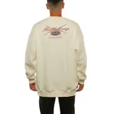 Buzo color beige de corte holgado con cuello redondo y puños acanalados. Estampado pequeño con el logo de la marca en el pecho.