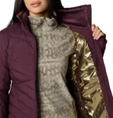Campera Columbia Joy Peak II Full Zip color borgoña, con forro térmico reflectante Omni-Heat™ Infinity, aislante Thermator™ de poliéster reciclado, cuello forrado en felpa, bolsillos con cremallera y puños con orificios para los pulgares.