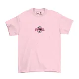 Remera gris jaspeada con estampado en la espalda de un hombre con barba y gafas de sol rosas, con texto circular en tonos celestes y rosados.