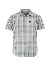 Camisa de hombre a cuadros azules, negros y blancos, de manga corta y corte clásico.