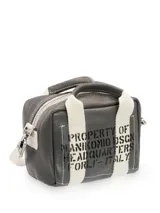 Bolso de cuero gris con asas de cuero y lona, cierre de cremallera de doble cursor y cuatro bolsillos interiores.