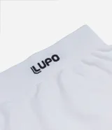 Calzoncillo bóxer blanco de microfibra ligera, con cintura elástica blanca con logo Lupo y rayas negras.