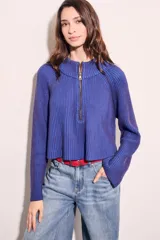 Sweater azul de tejido de punto acanalado, con cuello polo y cierre frontal parcial.