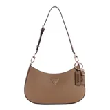 Cartera Guess modelo Noelle, tipo shoulder bag, color marrón con herrajes dorados y logo triangular en el frente. Incluye correa de hombro ajustable, cierre superior, bolsillo interno para móvil y ranuras para tarjetas.