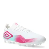 Championes de fútbol Umbro Vibe HG blancos con detalles en fucsia y celeste.