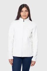 Campera polar azul marino con cuello alto y cierre frontal. Tiene bolsillos laterales con cierre y logo bordado en el pecho.