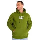Buzo canguro verde oliva con capucha ajustable y cordones, bolsillo frontal y logo CAT estampado en blanco en el pecho.