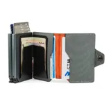 Billetera doble de tela X-Pac negra con doble caja de aluminio incorporado con sistema de deslizamiento para tarjetas. Tiene espacio para 10 tarjetas, 2 tarjetas adicionales en los bolsillos laterales de cuero, espacio para libreta de conducir y de propiedad, y sección interna para llevar hasta 5 billetes.