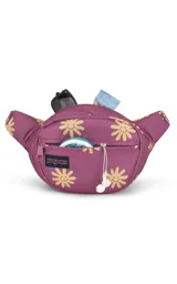 Riñonera JanSport Fifth Avenue negra con estampado de rayos blancos.