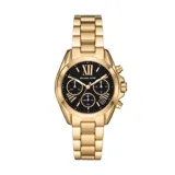 Reloj Michael Kors modelo Bradshaw, con caja y correa de acero inoxidable dorado, esfera negra con números romanos y tres subesferas. Incluye cronógrafo y fechador.