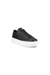 Championes de cuero negro con textura, cordones negros y suela de plataforma blanca.