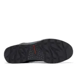 Bota de senderismo de cuero marrón con cuello acolchado negro, cordones azules y suela gris.