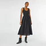 Vestido midi negro con corte imperio, falda amplia y musculosa con escote redondo.
