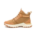 Bota acordonada color marrón claro, con capellada de lona y detalles en cuero. Suela de goma blanca con base marrón.
