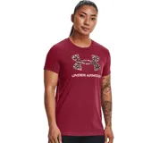 Remera gris de mujer marca Under Armour, de corte clásico y manga corta. Presenta el logo de la marca estampado en el pecho con diseño camuflado en tonos azules y negros.