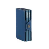 Billetera doble de tela X-Pac negra con doble caja de aluminio incorporado con sistema de deslizamiento para tarjetas. Tiene espacio para 10 tarjetas, 2 tarjetas adicionales en los bolsillos laterales de cuero, espacio para libreta de conducir y de propiedad, y sección interna para llevar hasta 5 billetes.