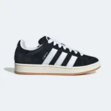 Zapatillas Adidas Campus 00s negras con las tres tiras blancas y suela color caramelo.