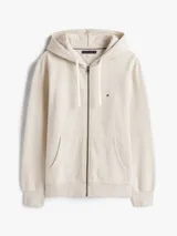 Buzo con capucha y cierre de cremallera, confeccionado en felpa de mezcla de algodón color crema. Tiene dos bolsillos delanteros tipo canguro, puños y bajo de punto canalé.